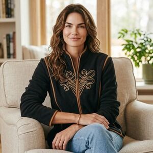 Bob Mackie Wearable Art Fleece Jacket Black Gold Embroidery Zip Up Womens Large